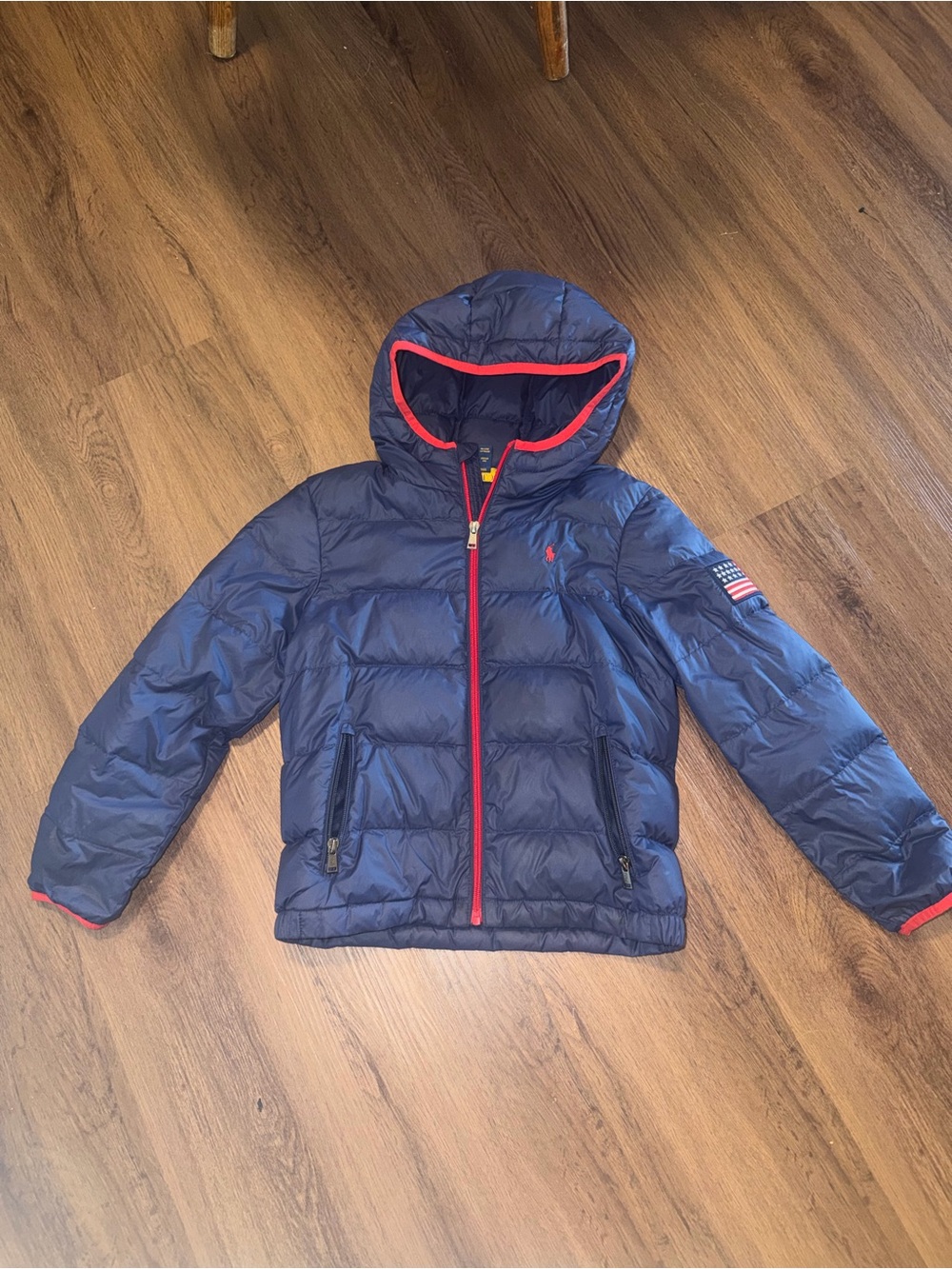 Polo by Ralph Lauren Kids Navy Hooded Puffer Jacket with Red Trim